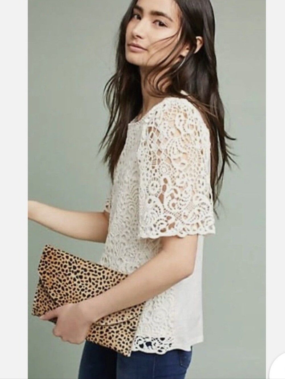 Anthropologie Eri + Ali Ivory Lace Short Sleeve Top Boho Festival